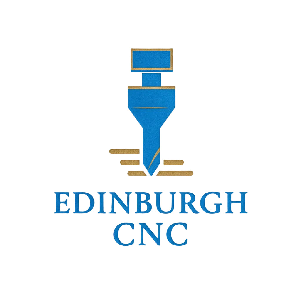 Logo of Edinburgh CNC with a blue and gold design on a light gray background